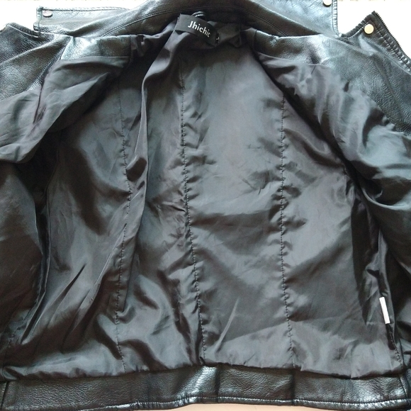 Jhichic Vegan Black Leather Moto Biker Jacket Size L Belted Zip Pockets Lined - Picture 6 of 11